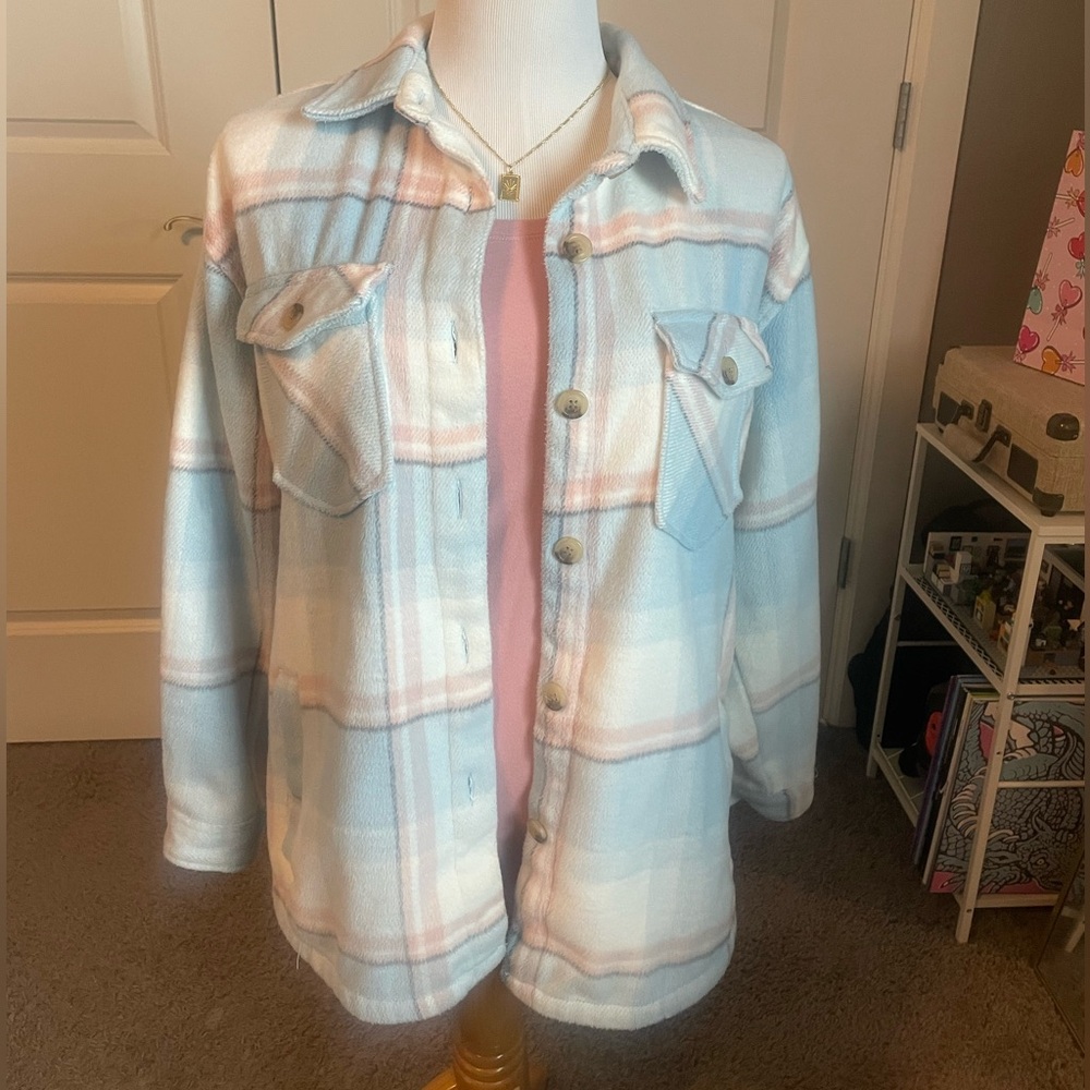 Blue white and pink flannel button-up shacket